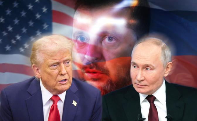 На фото (справа налево): президент России Владимир Путин и президент США Дональд Трамп на фоне портрета президента Украины Владимира Зеленского.