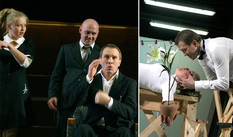 На фото: сцена из спектакля &laquo;Фигаро. События одного дня&raquo;. Режиссер К. Серебренников В картине: актеры Евгений Миронов, Юлия Пересильд, Елена Моросова и Виталий Хаев, 2006 год